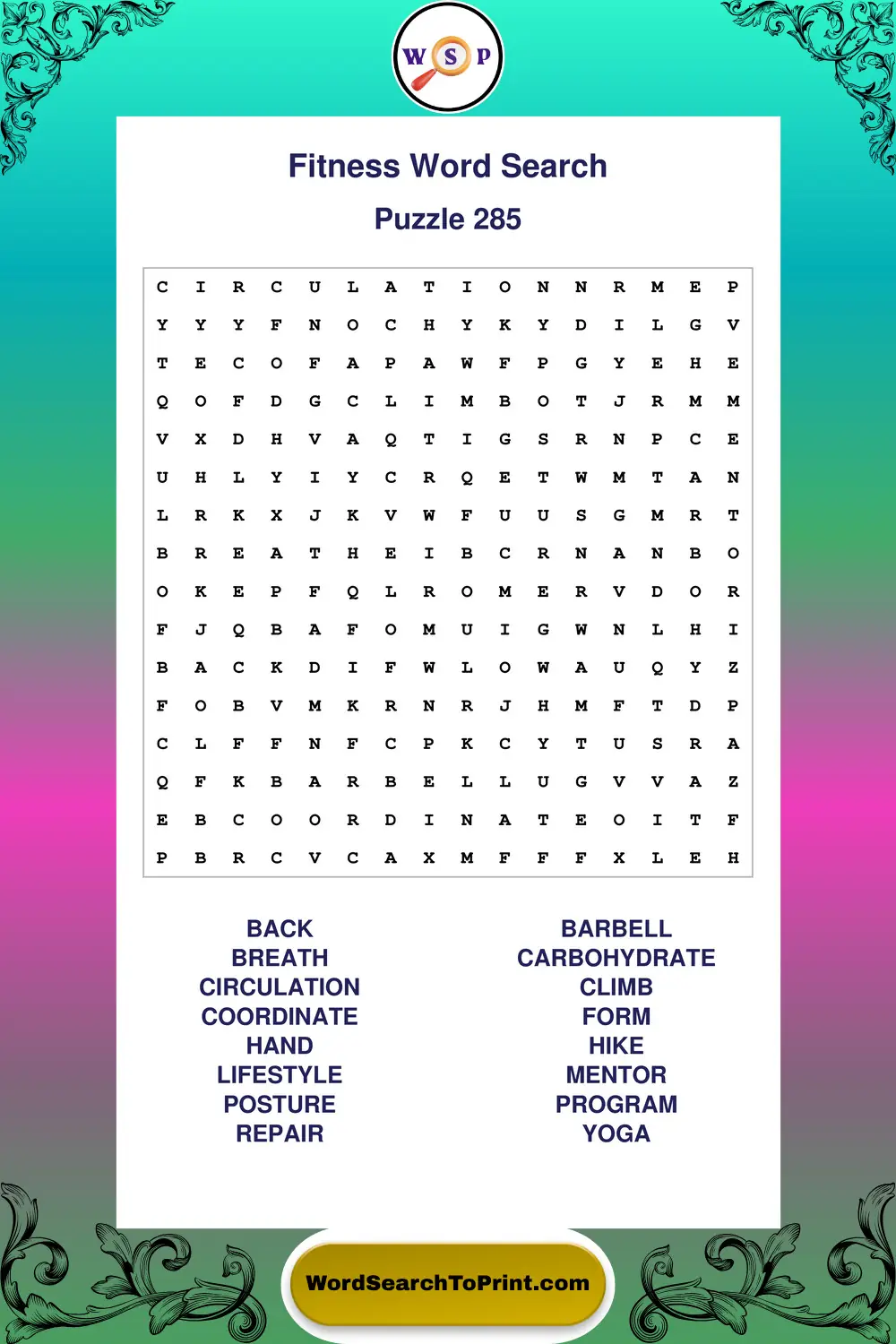 Fitness Word Search Puzzle 285