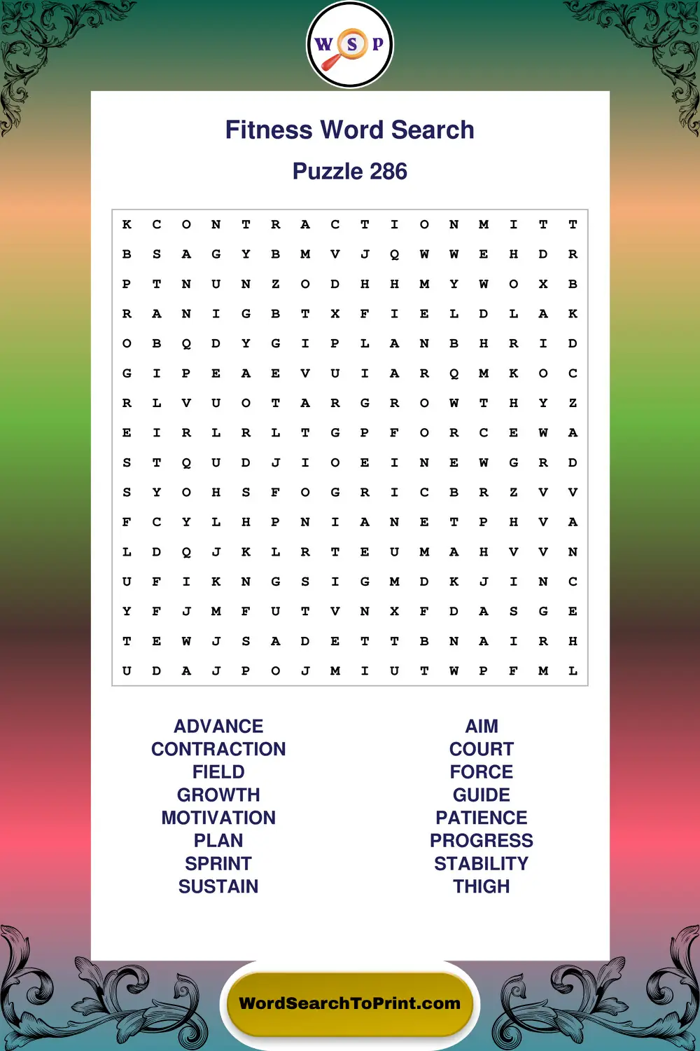 Fitness Word Search Puzzle 286