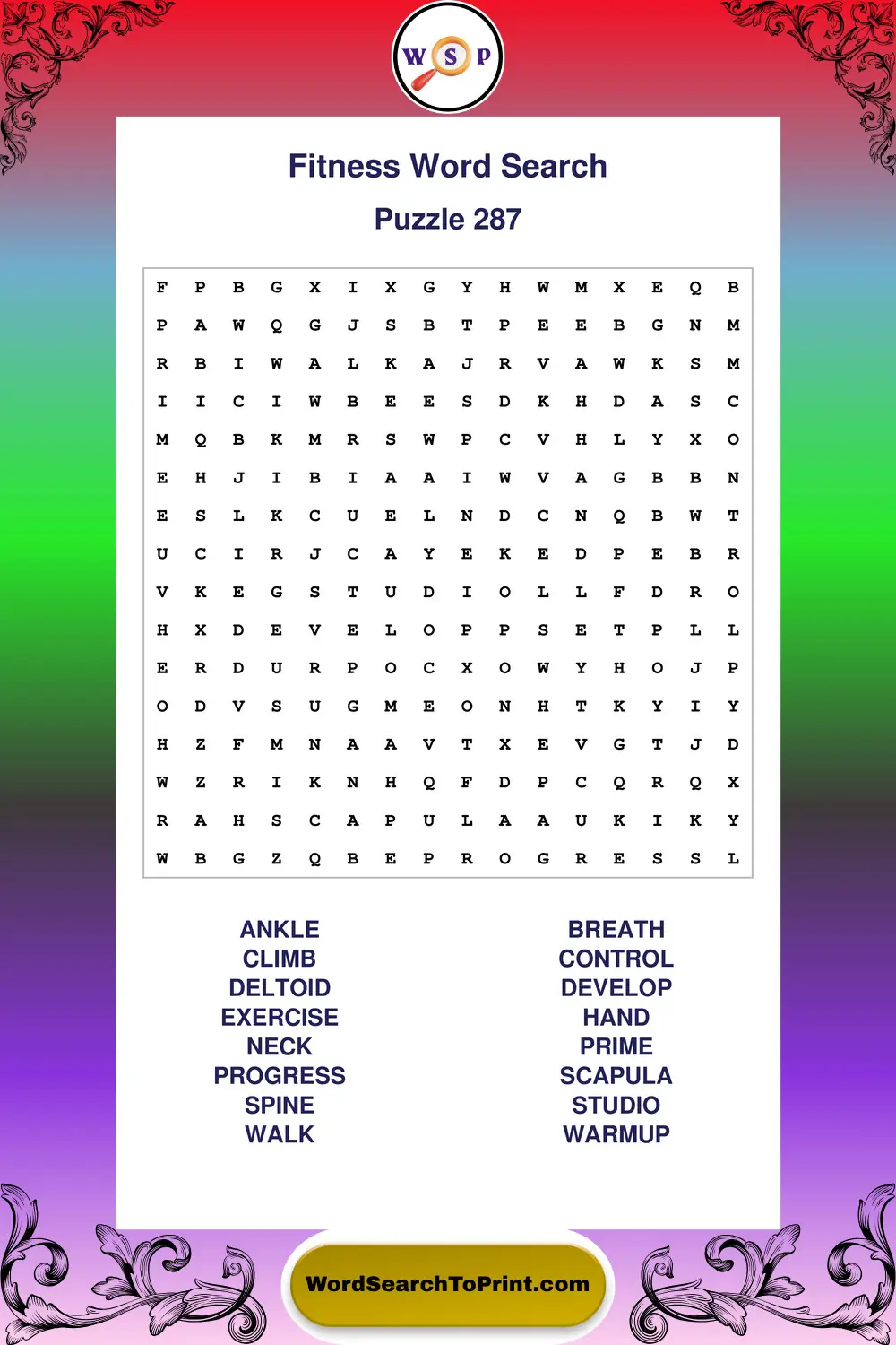 Fitness Word Search Puzzle 287