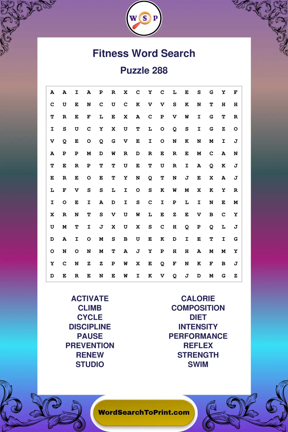 Fitness Word Search Puzzle 288