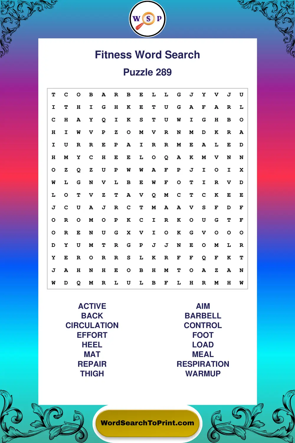 Fitness Word Search Puzzle 289