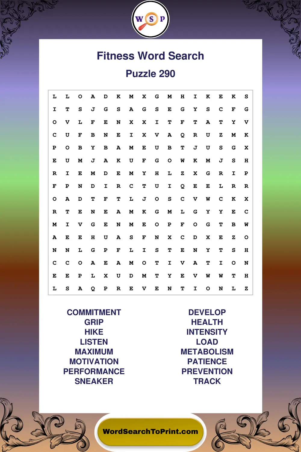 Fitness Word Search Puzzle 290