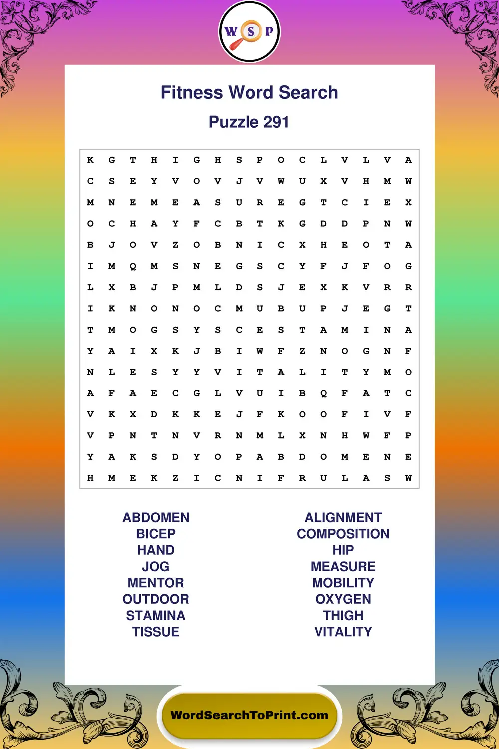 Fitness Word Search Puzzle 291