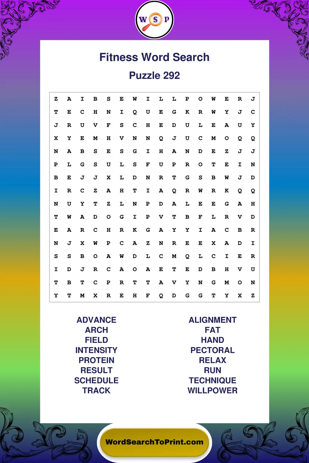 Fitness Word Search Puzzle 292