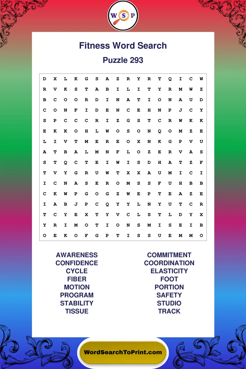 Fitness Word Search Puzzle 293
