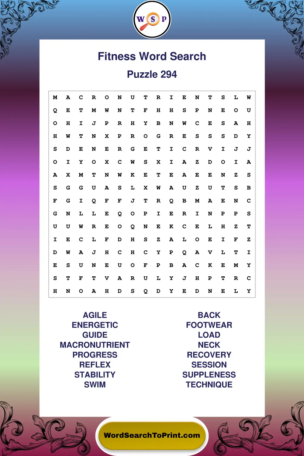 Fitness Word Search Puzzle 294