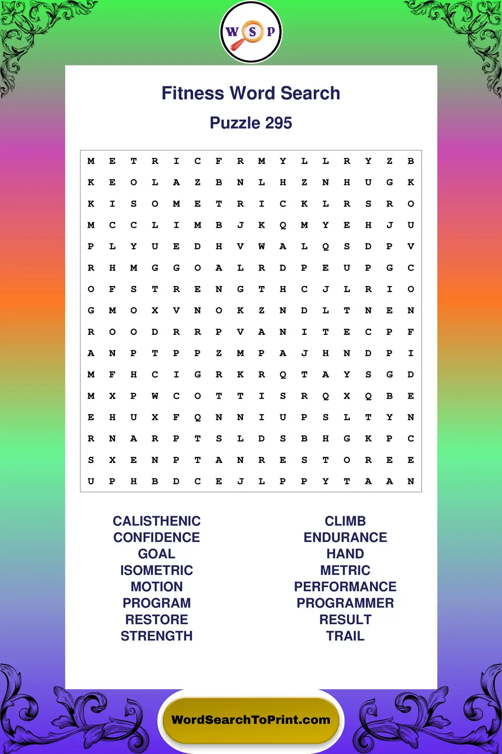 Fitness Word Search Puzzle 295