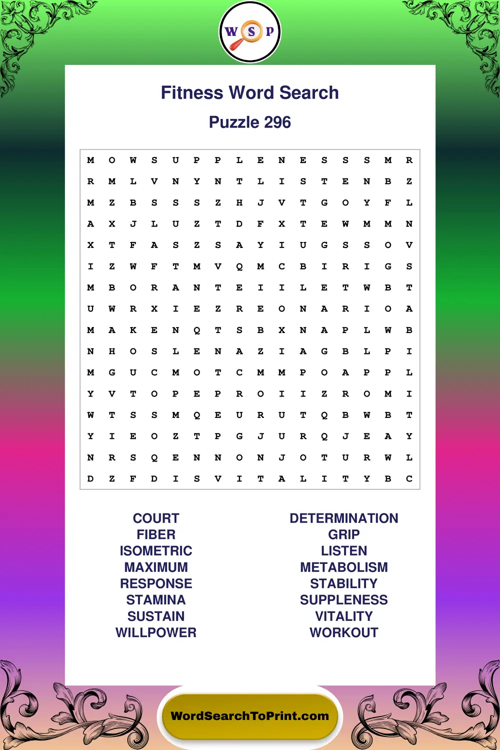 Fitness Word Search Puzzle 296