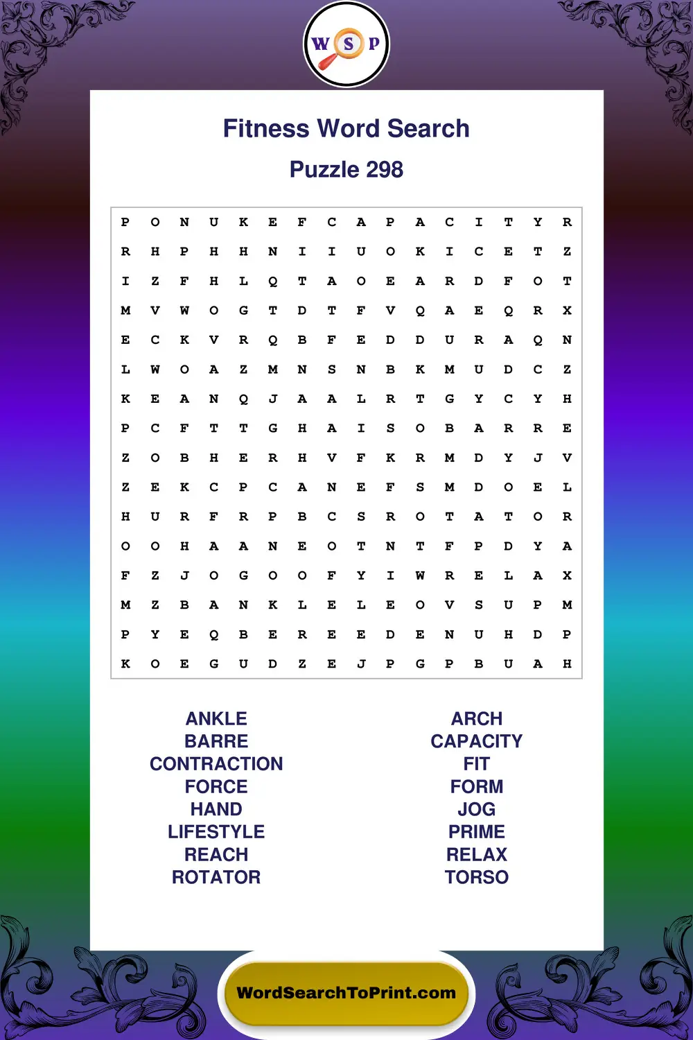 Fitness Word Search Puzzle 298