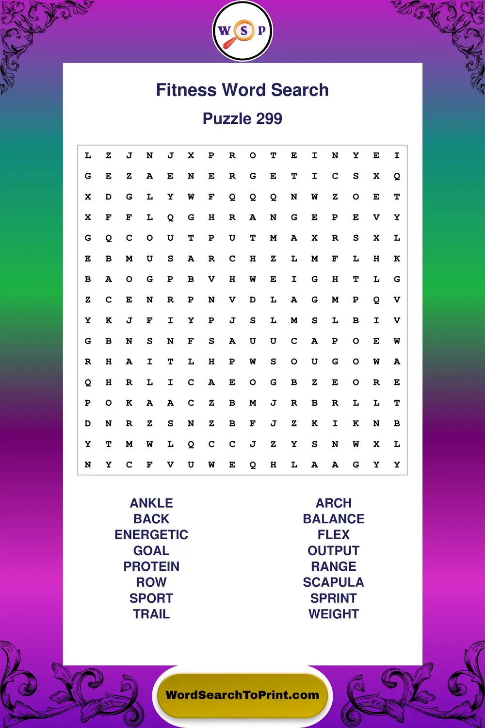 Fitness Word Search Puzzle 299