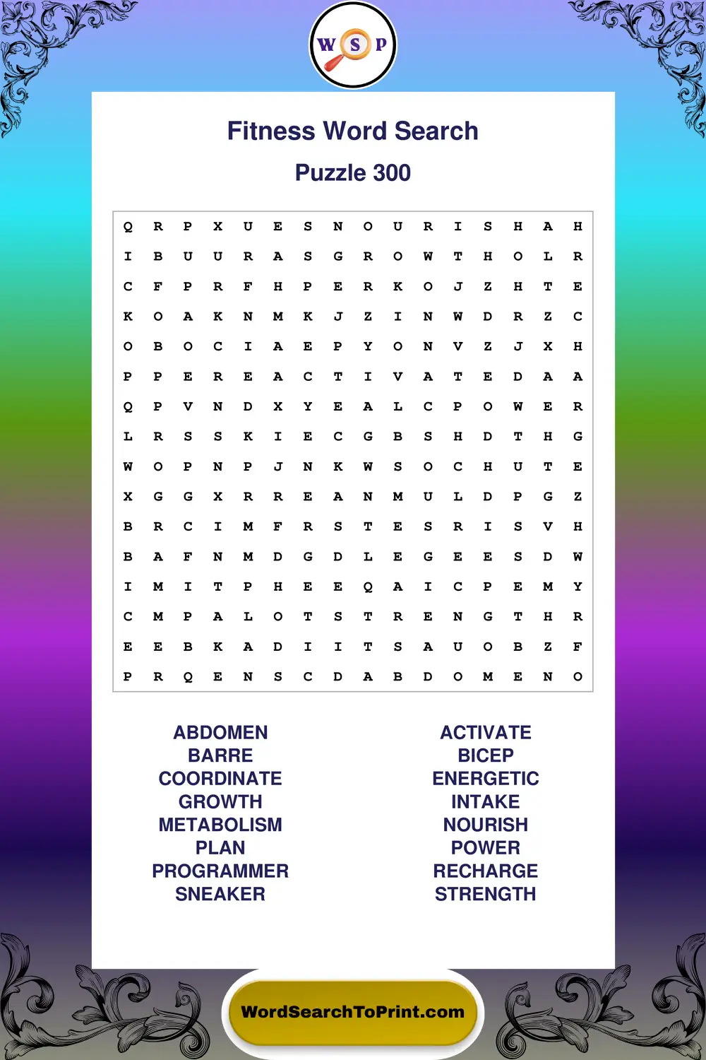 Fitness Word Search Puzzle 300