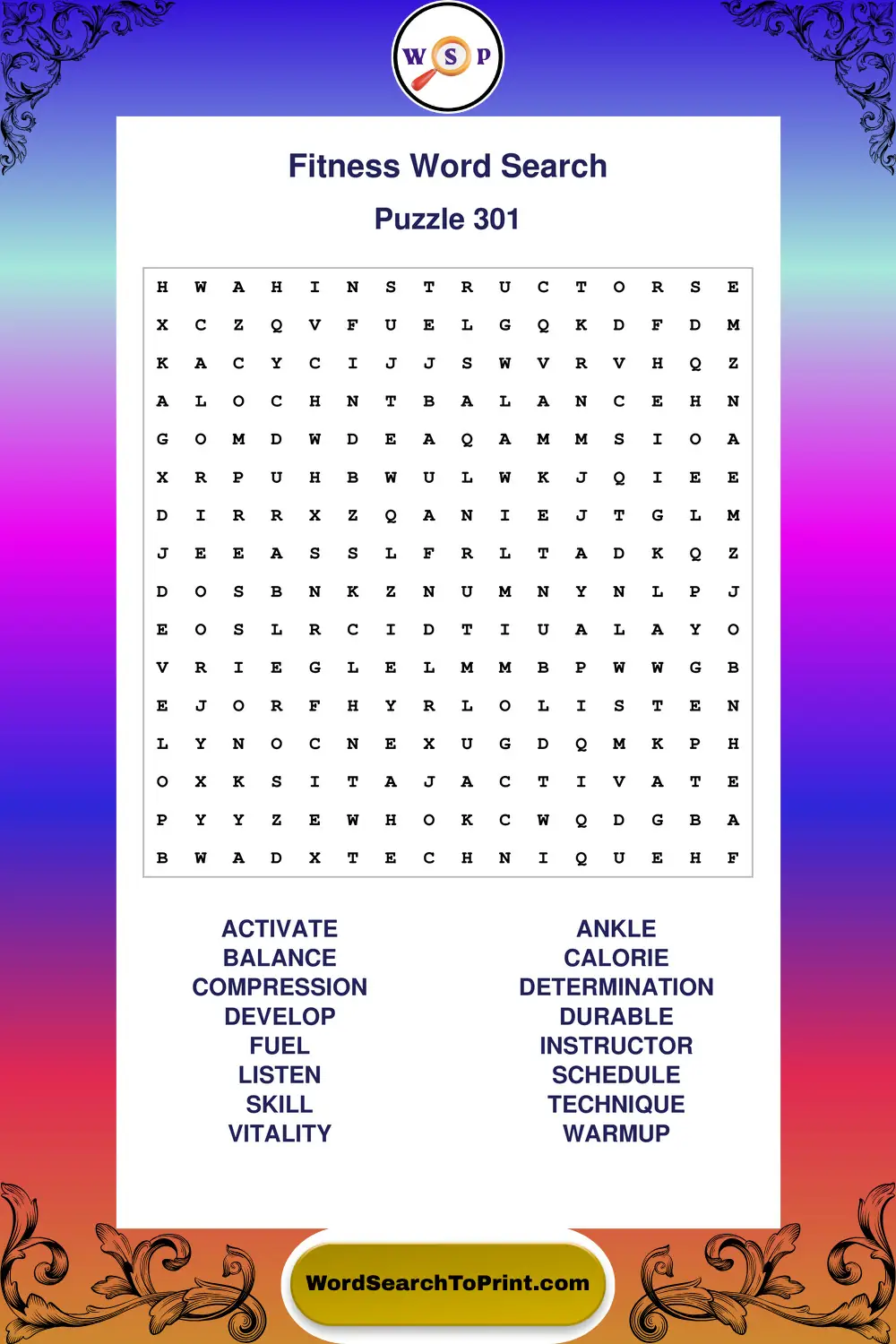 Fitness Word Search Puzzle 301