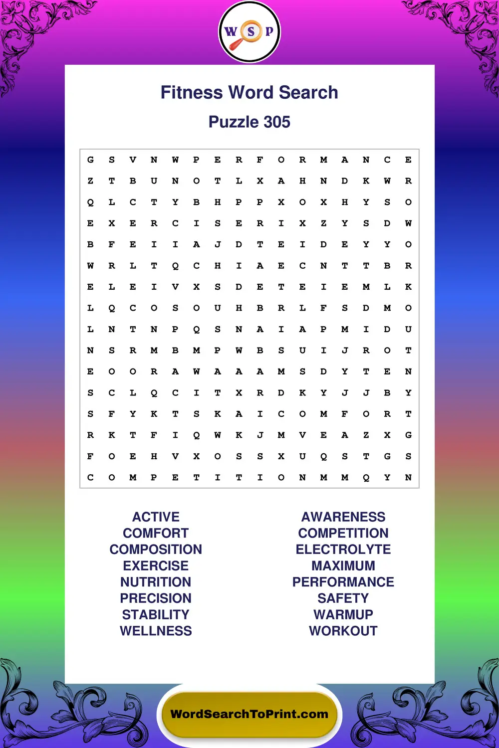 Fitness Word Search Puzzle 305