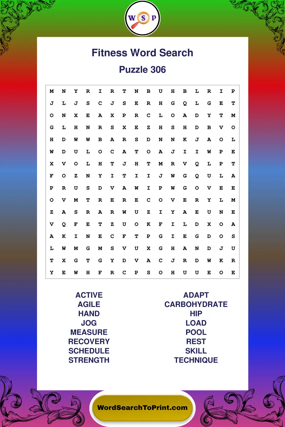 Fitness Word Search Puzzle 306