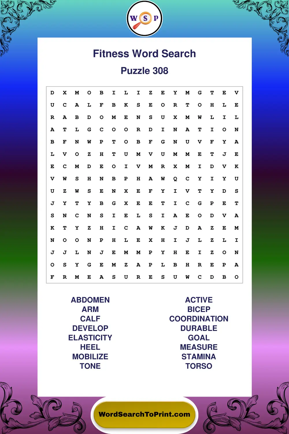 Fitness Word Search Puzzle 308