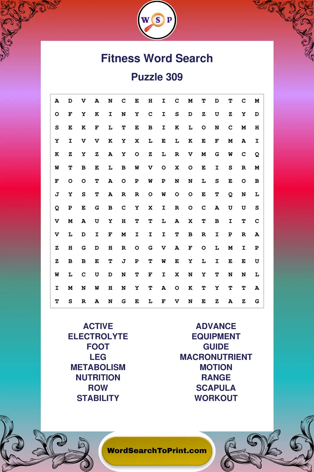 Fitness Word Search Puzzle 309