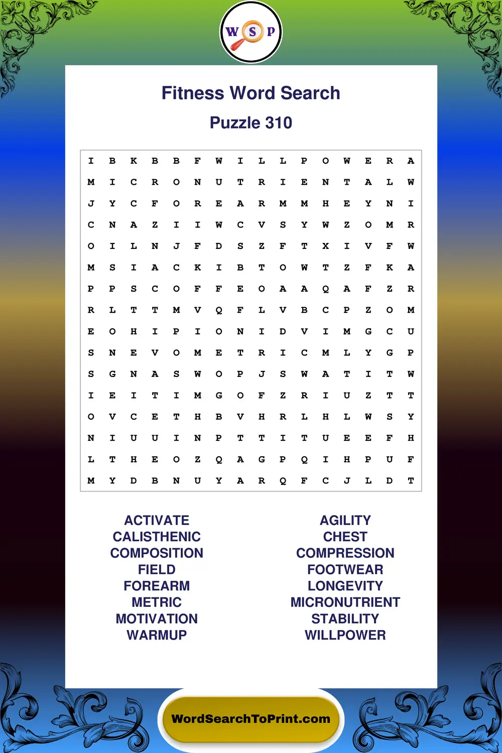 Fitness Word Search Puzzle 310