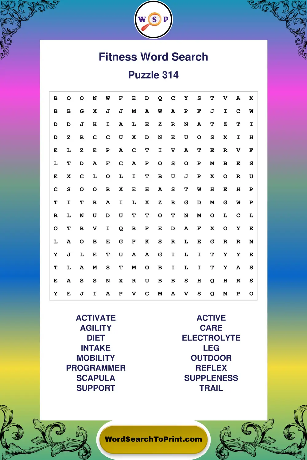 Fitness Word Search Puzzle 314