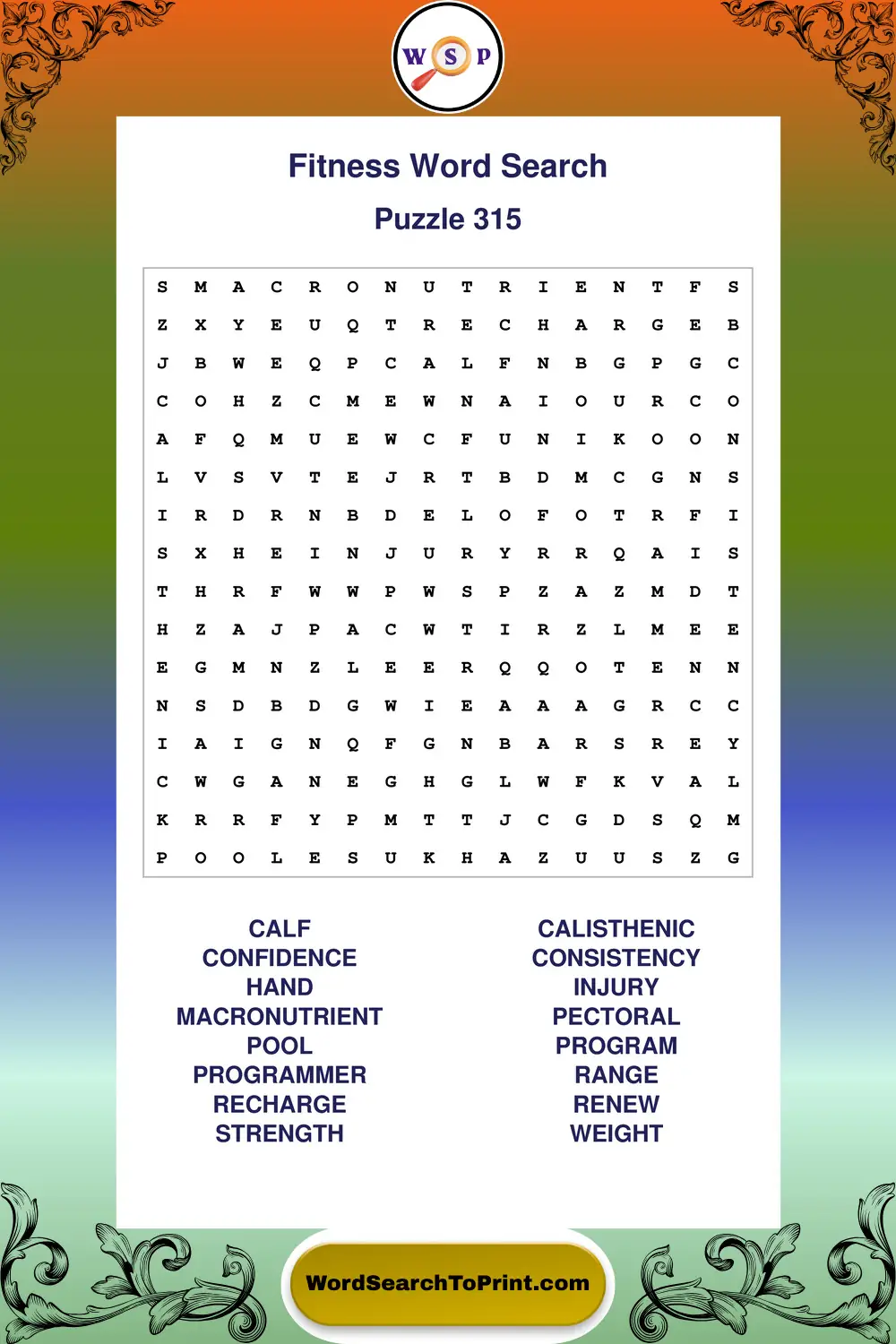 Fitness Word Search Puzzle 315