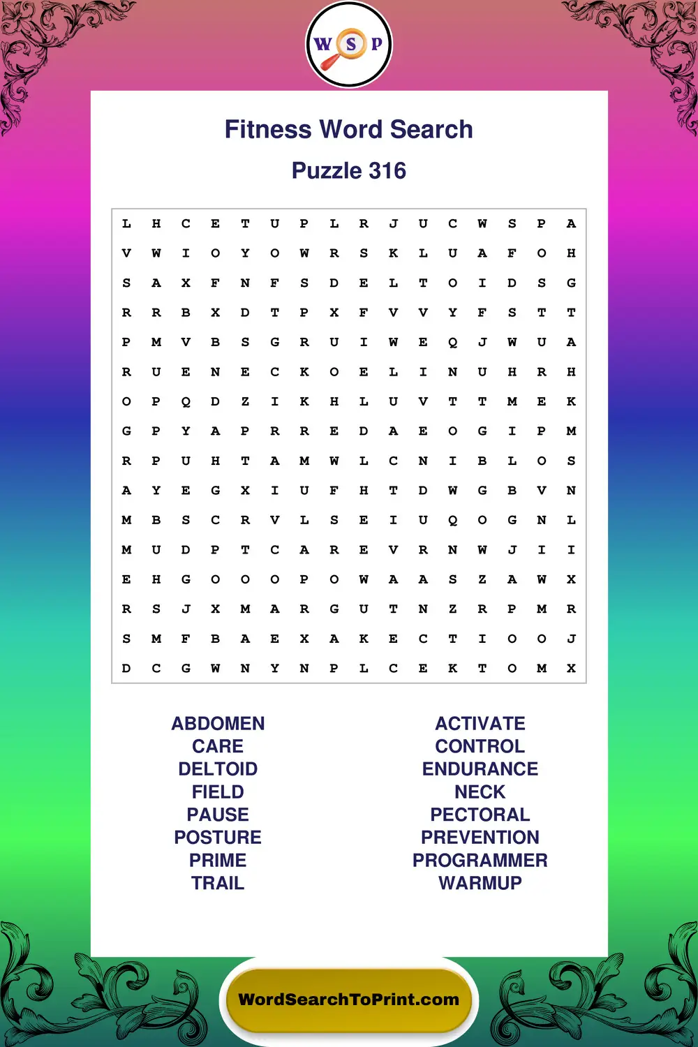Fitness Word Search Puzzle 316