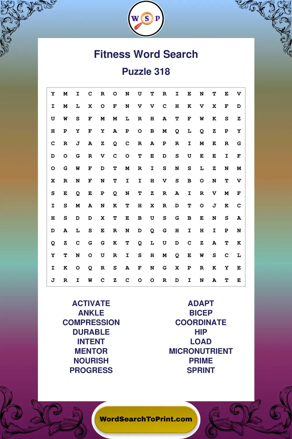 Fitness Word Search Puzzle 318