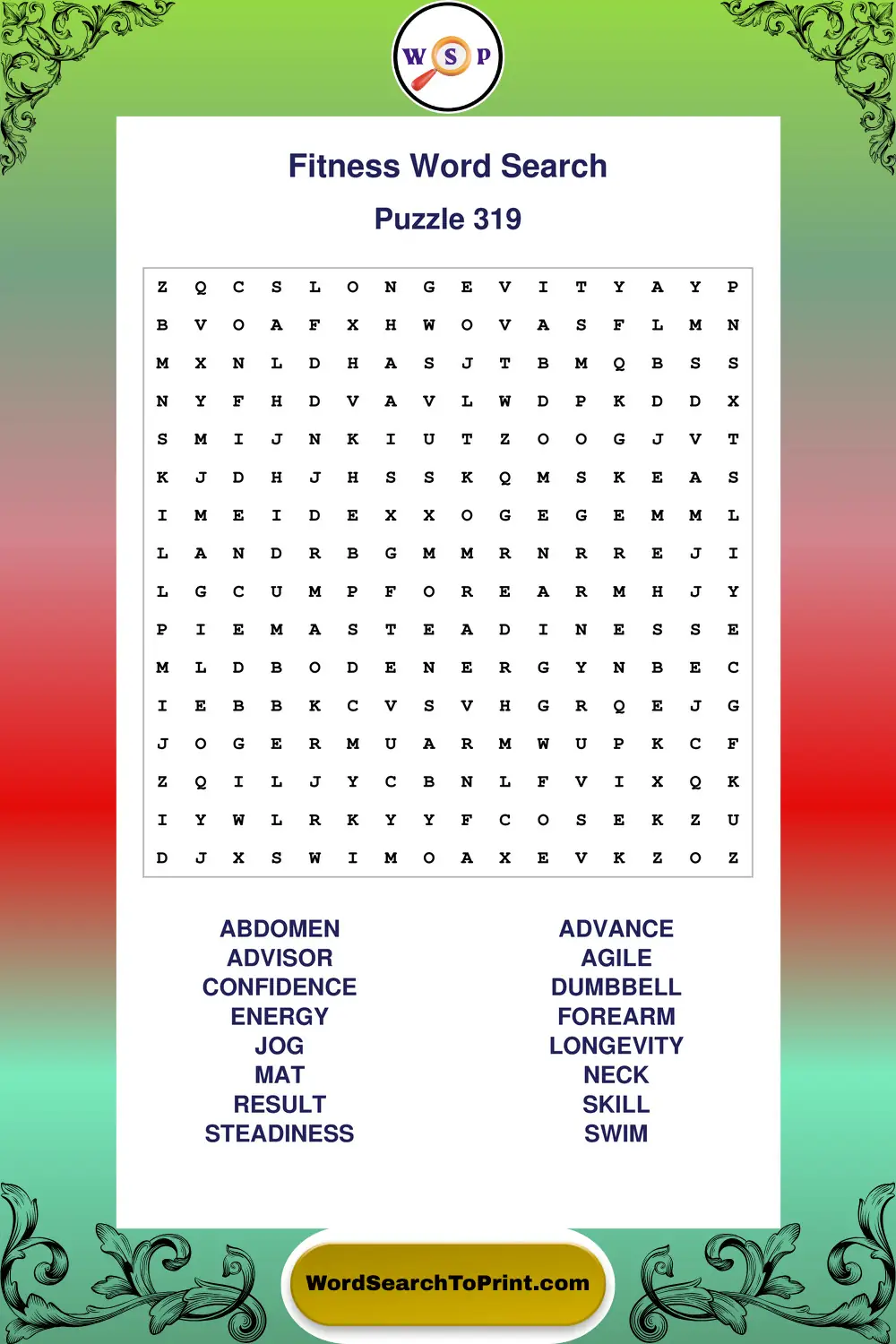Fitness Word Search Puzzle 319