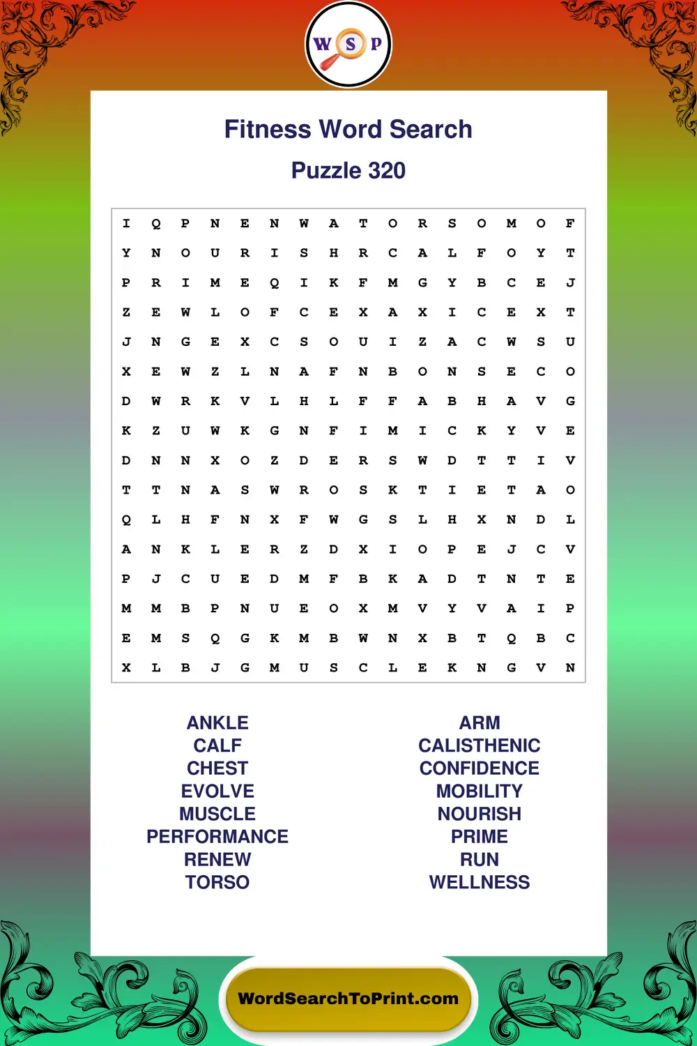 Fitness Word Search Puzzle 320