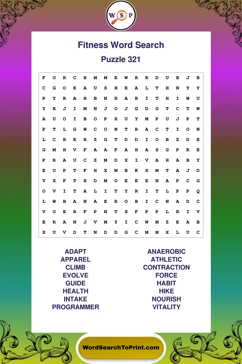 Fitness Word Search Puzzle 321