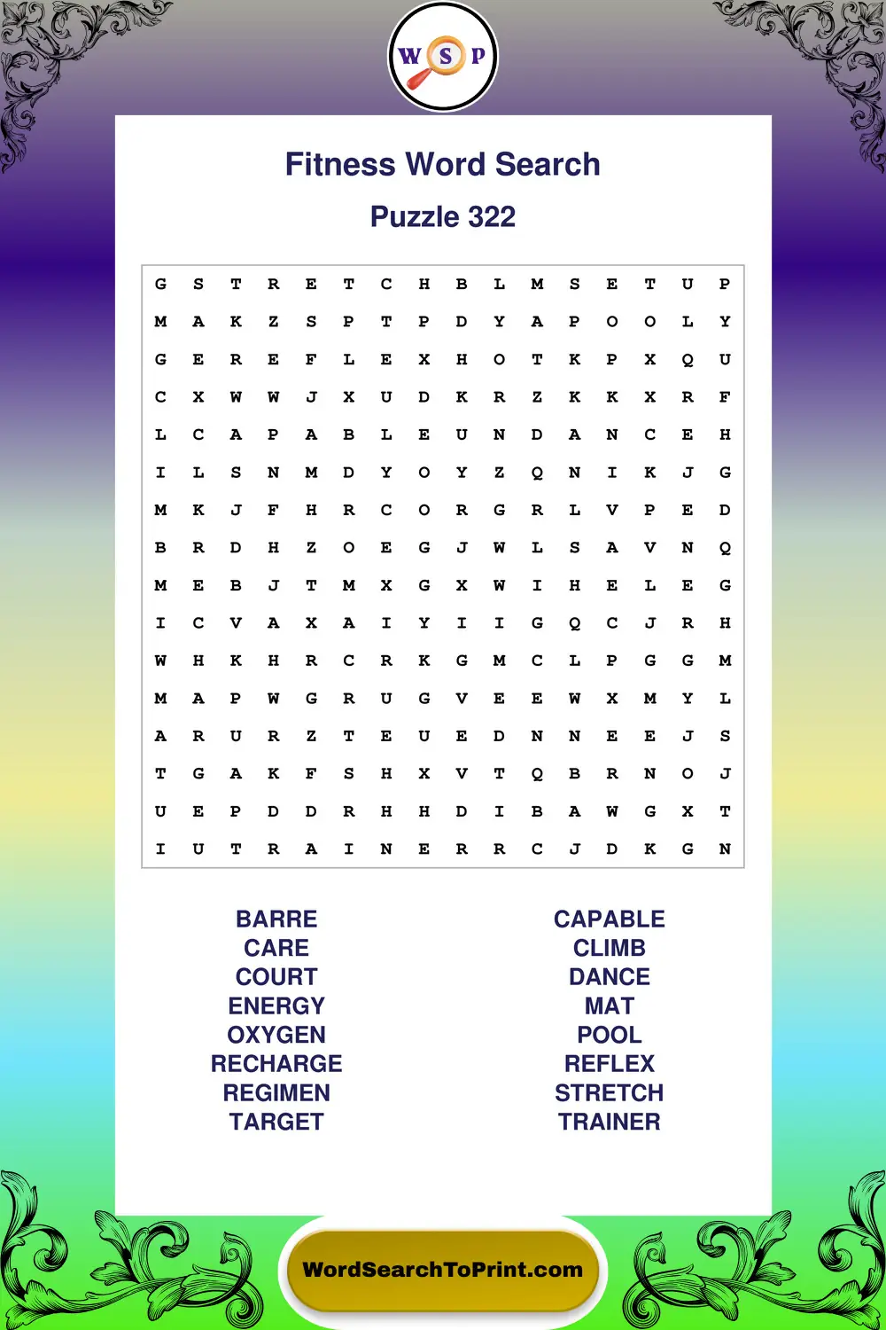 Fitness Word Search Puzzle 322