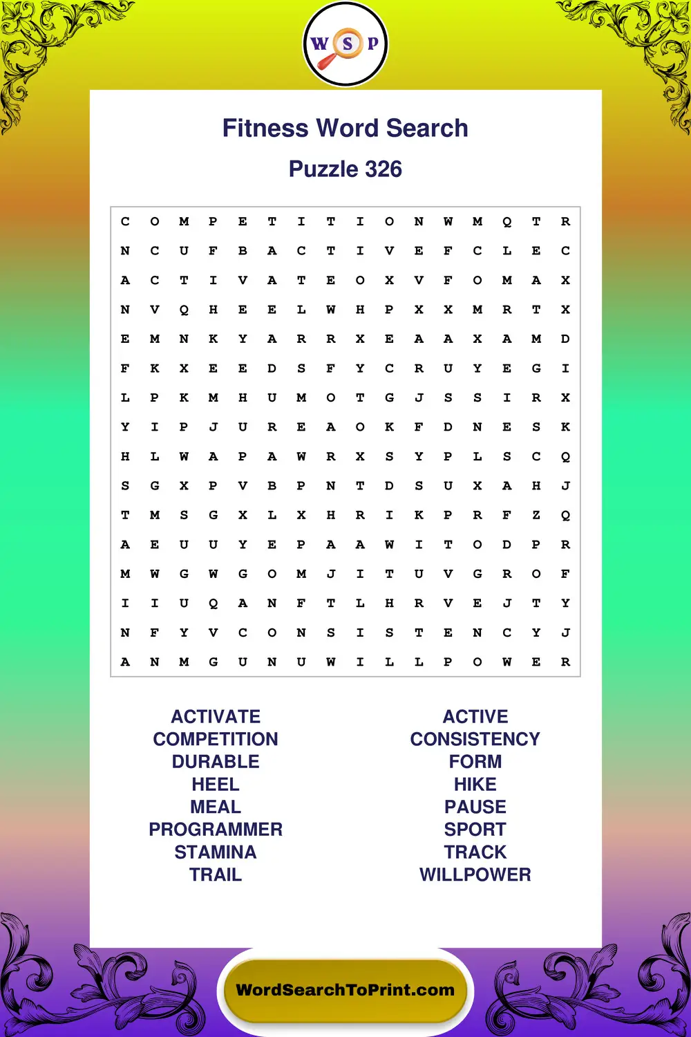 Fitness Word Search Puzzle 326