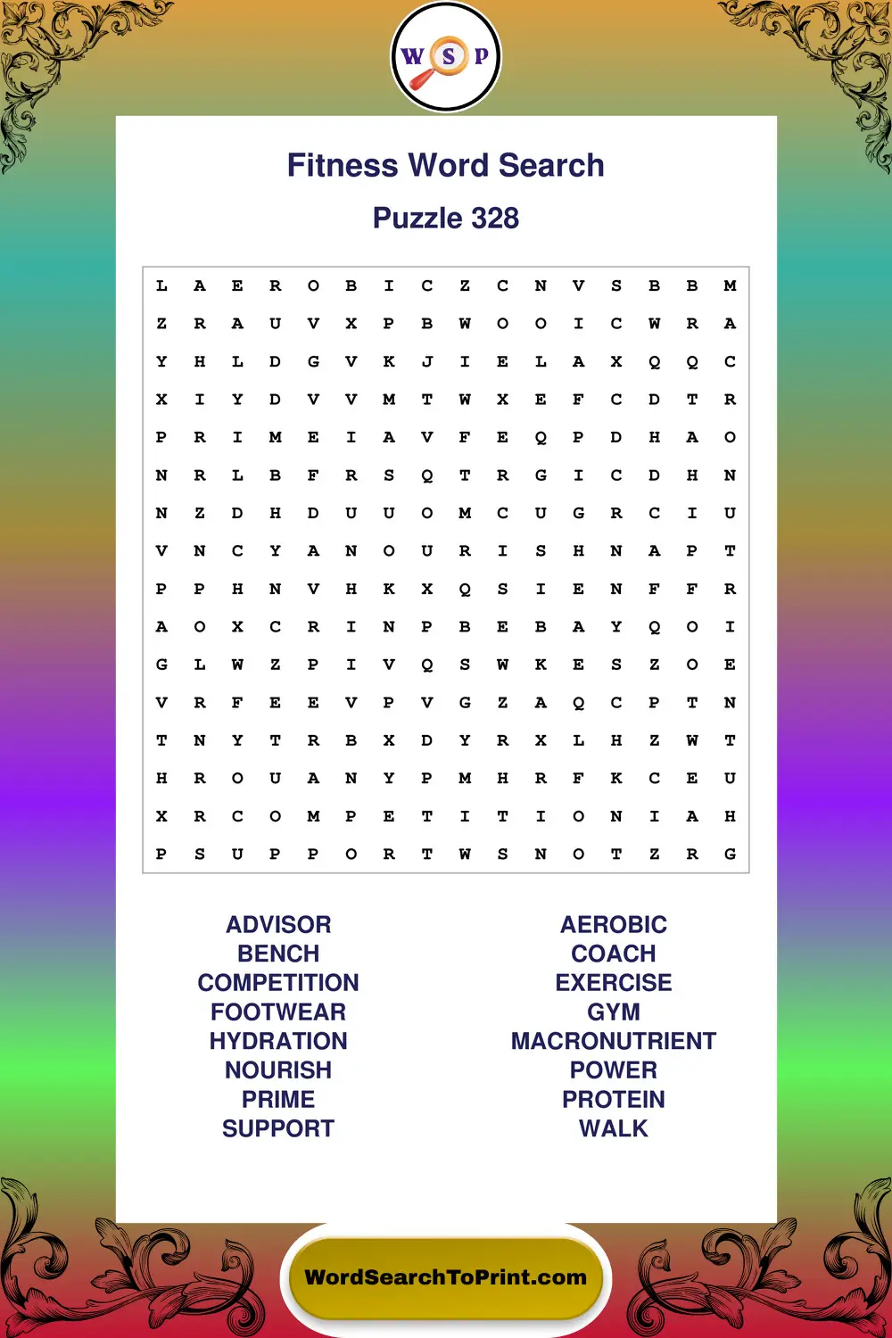 Fitness Word Search Puzzle 328