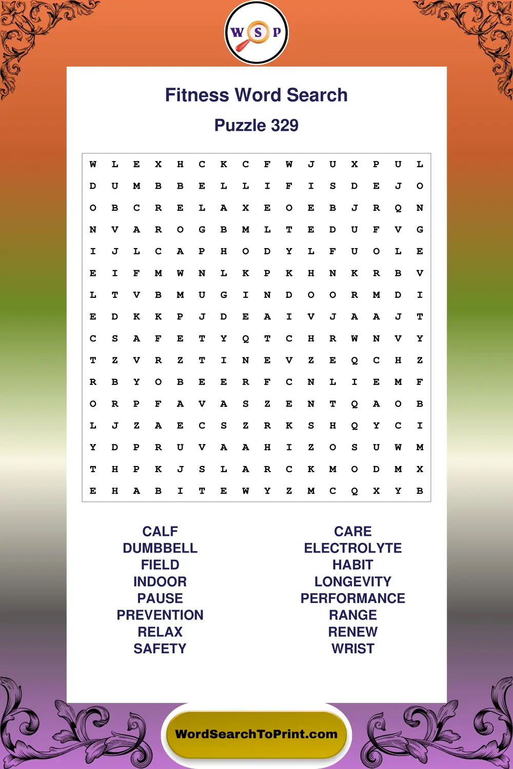 Fitness Word Search Puzzle 329