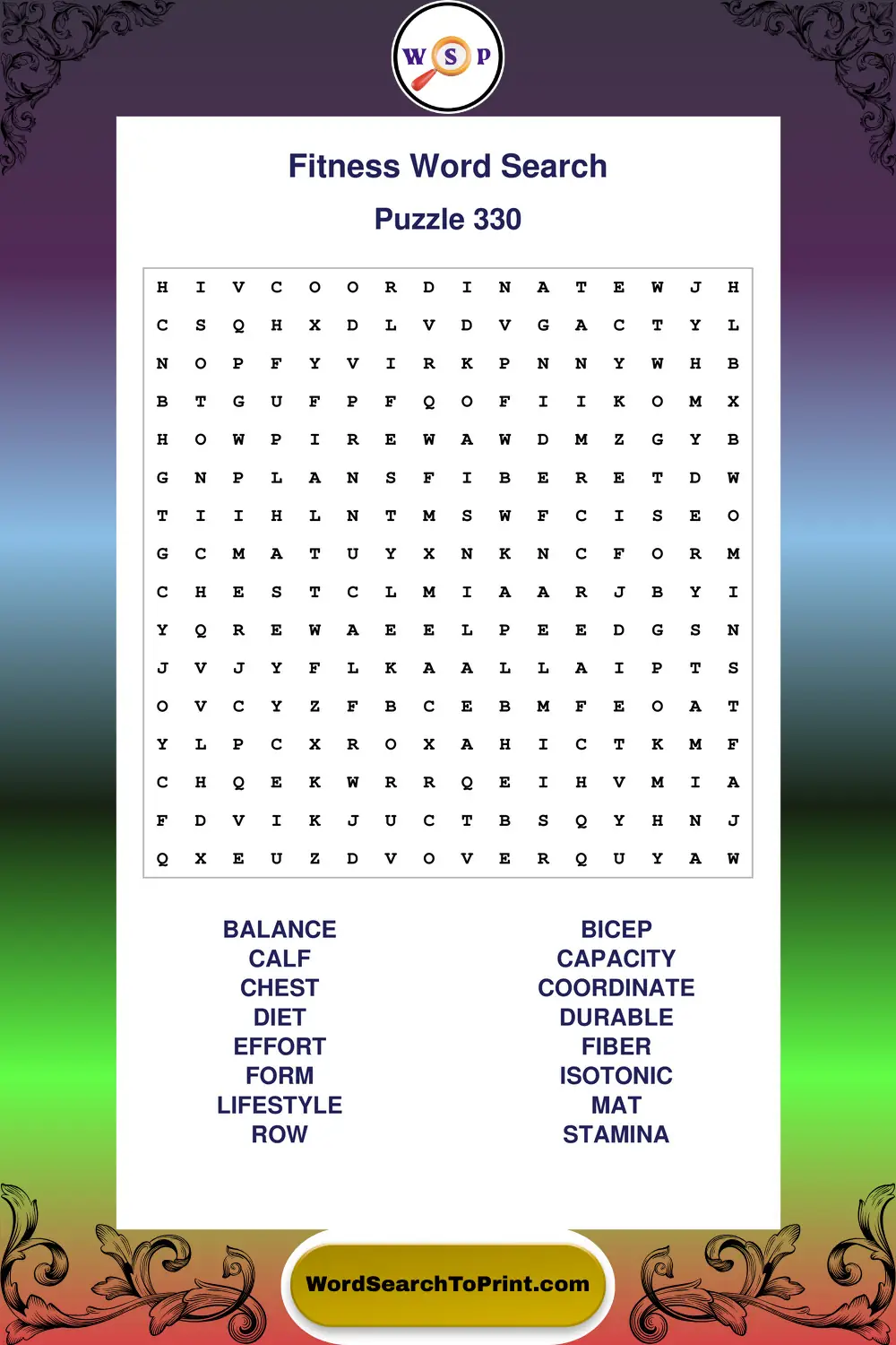 Fitness Word Search Puzzle 330