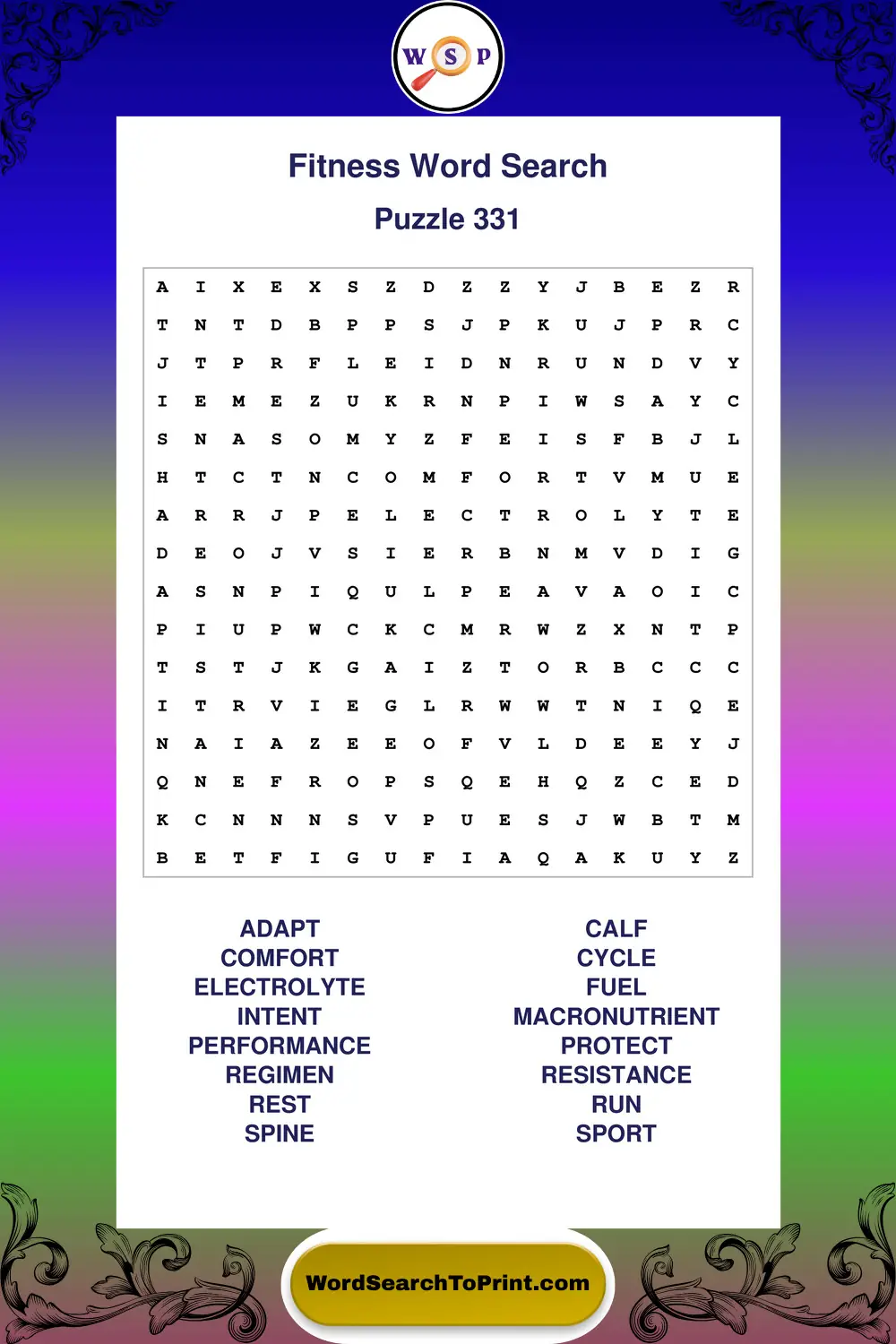 Fitness Word Search Puzzle 331