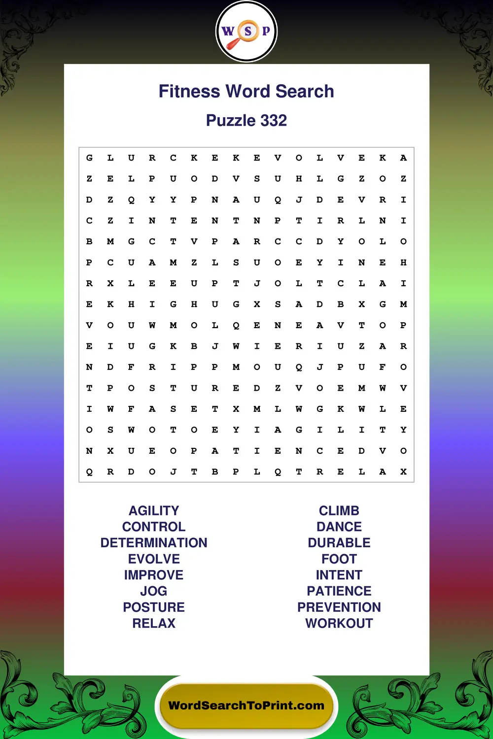 Fitness Word Search Puzzle 332