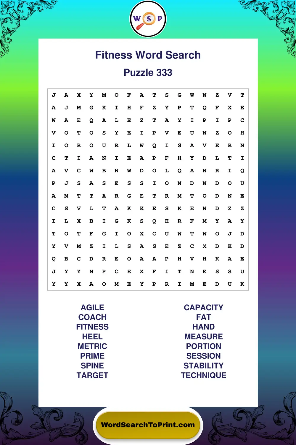 Fitness Word Search Puzzle 333