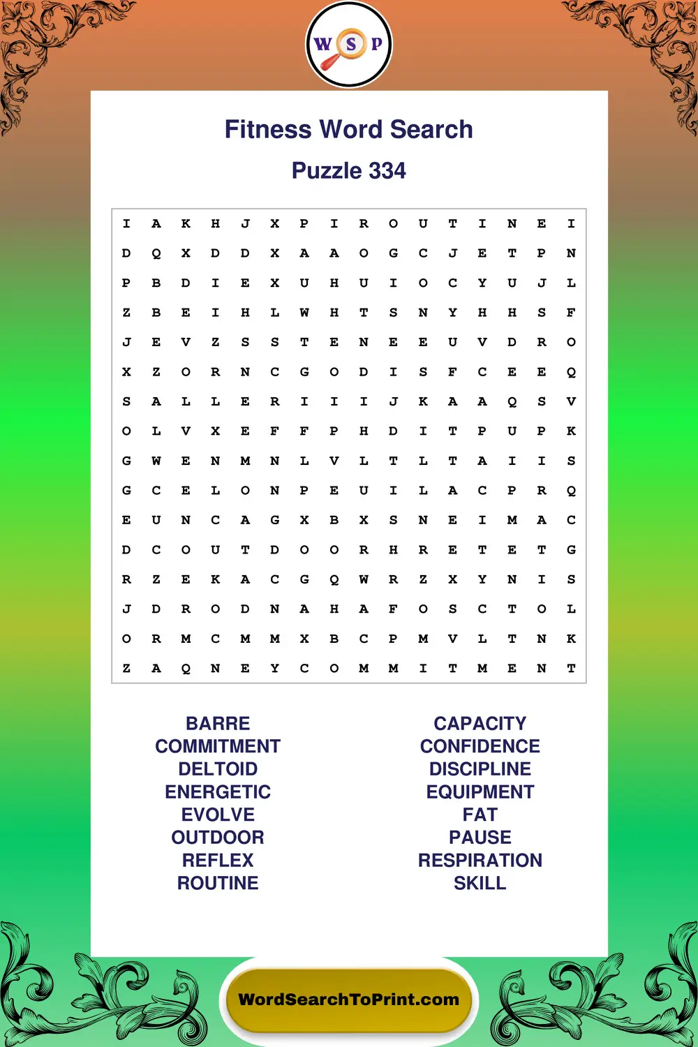 Fitness Word Search Puzzle 334
