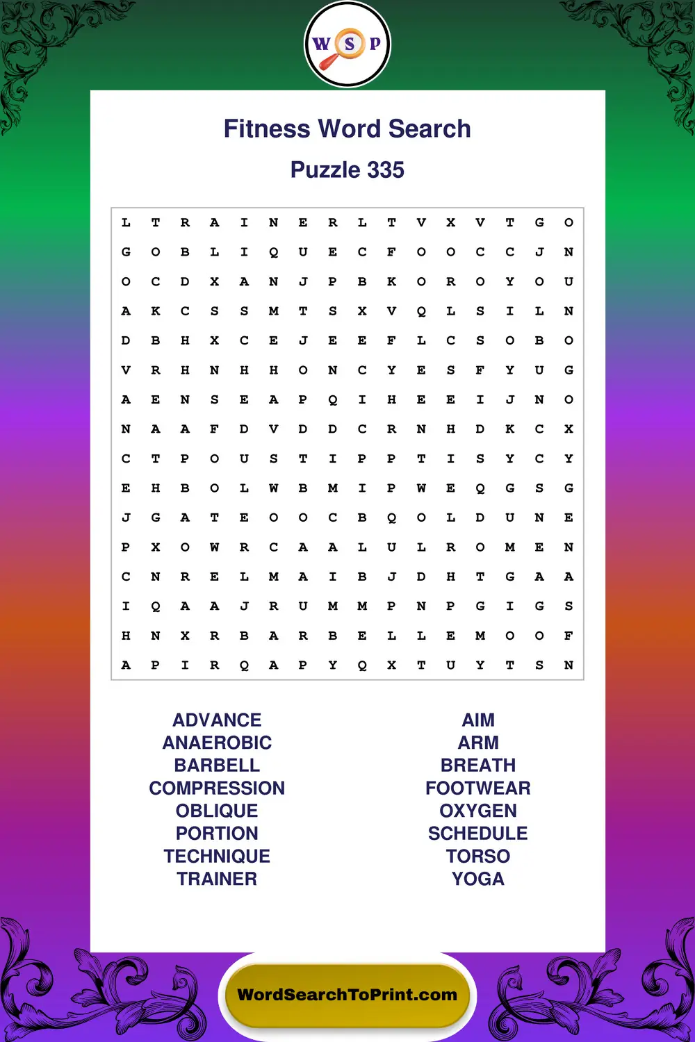 Fitness Word Search Puzzle 335