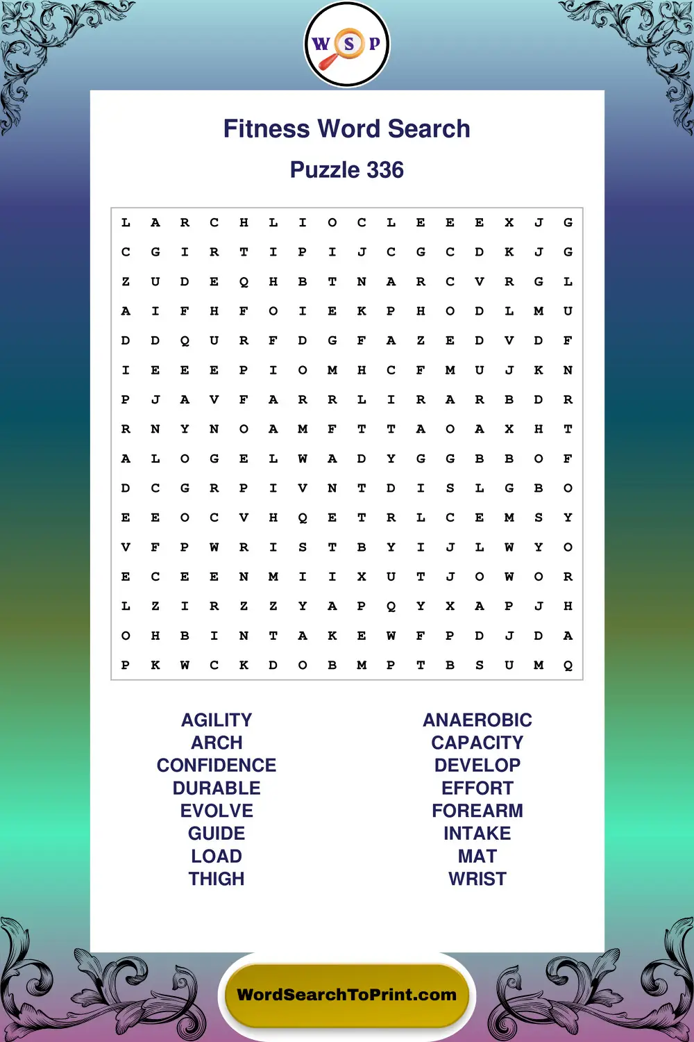 Fitness Word Search Puzzle 336