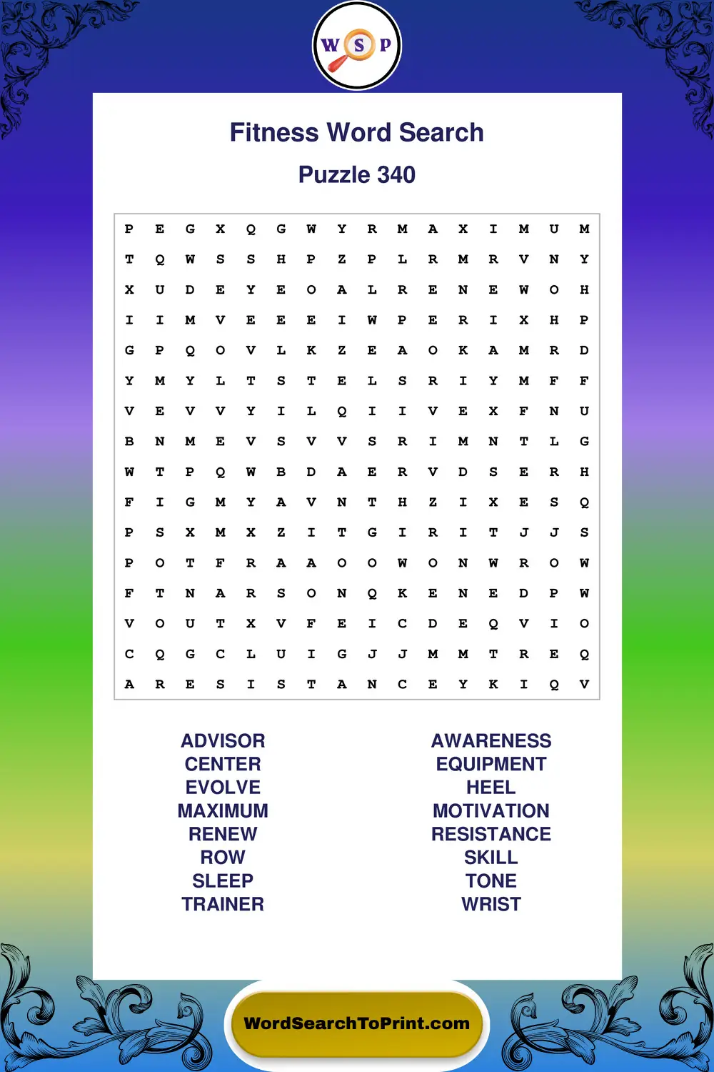 Fitness Word Search Puzzle 340