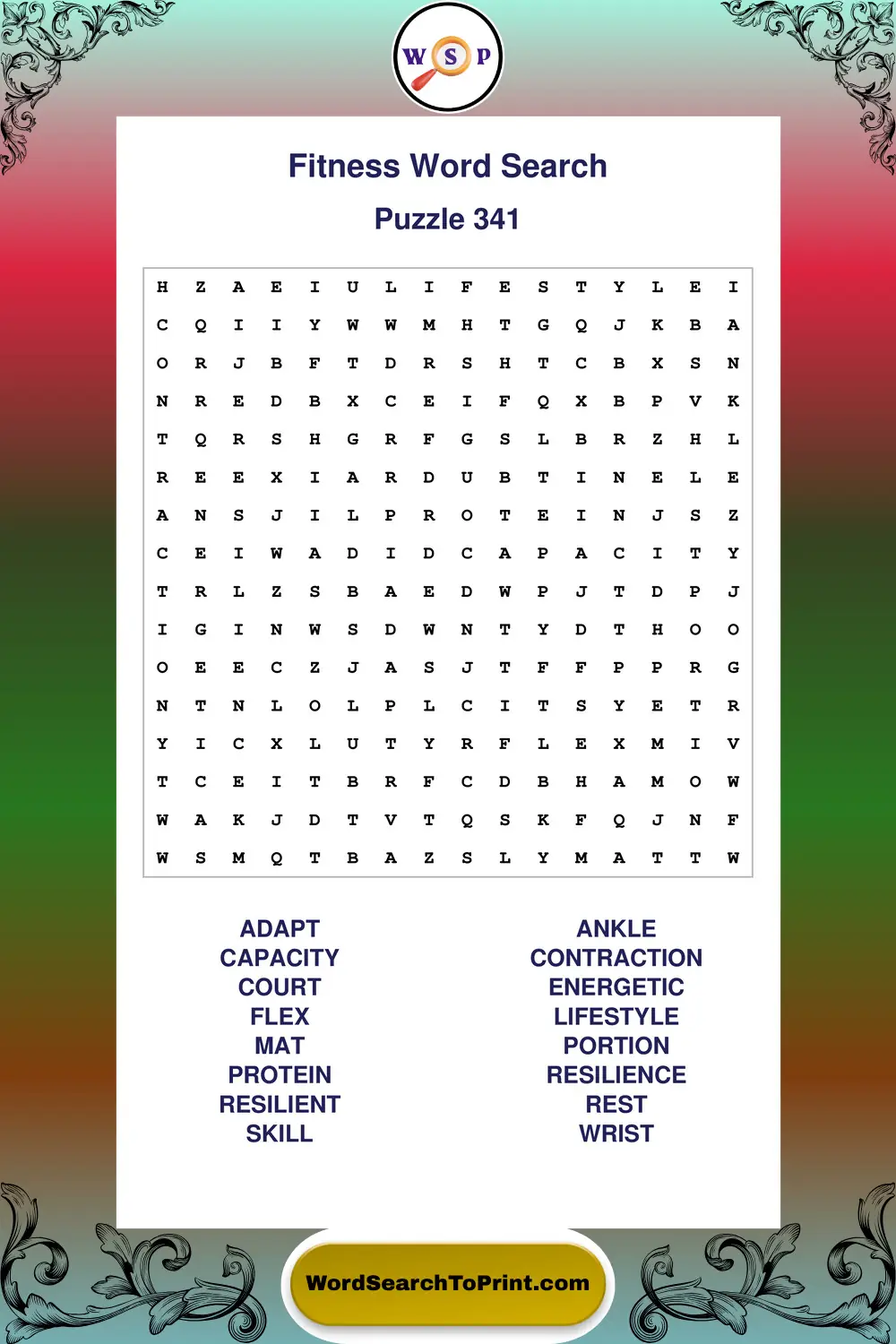 Fitness Word Search Puzzle 341