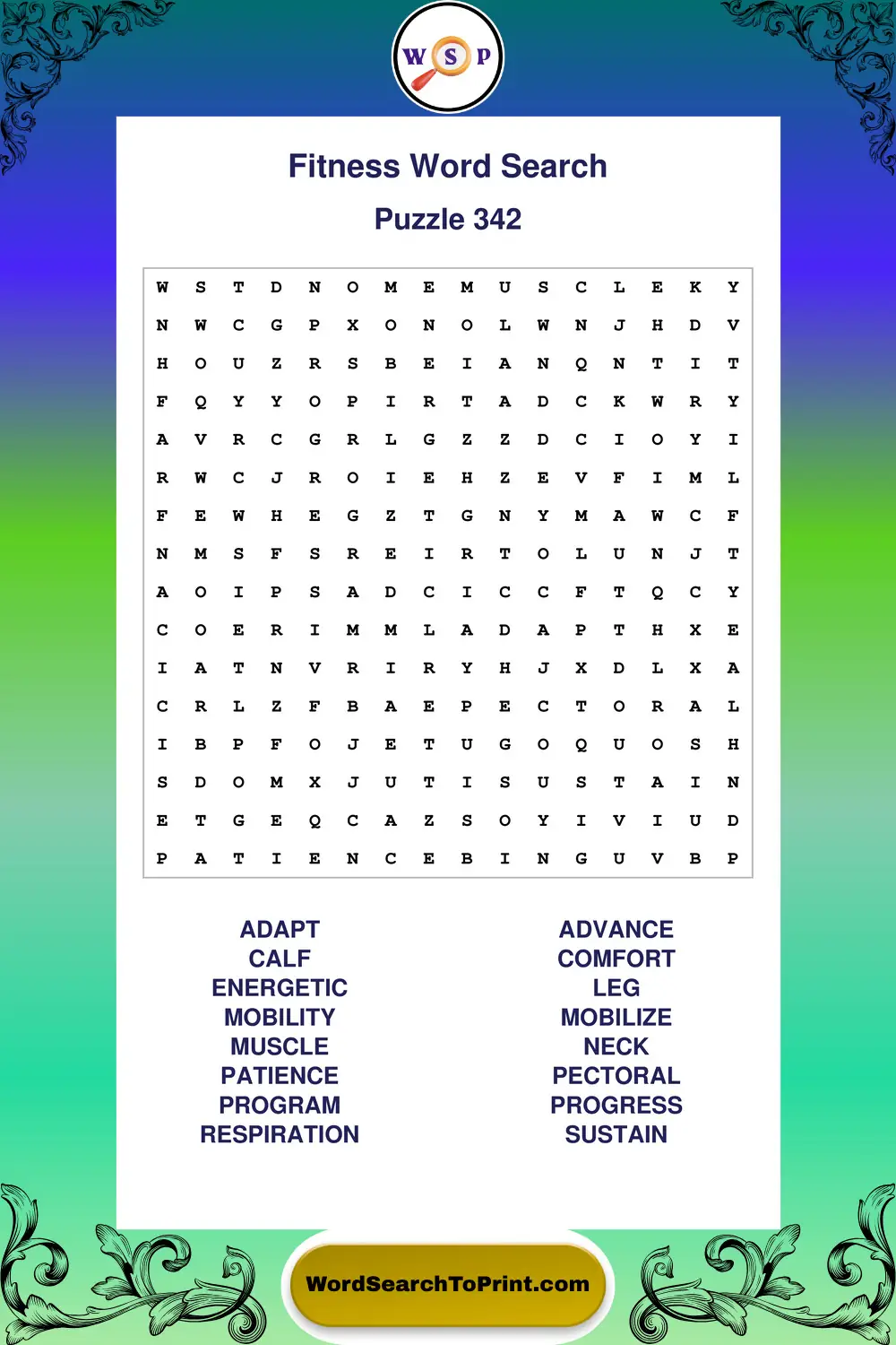 Fitness Word Search Puzzle 342