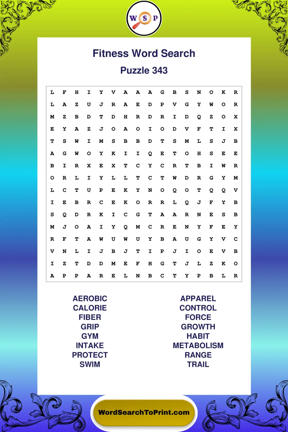 Fitness Word Search Puzzle 343