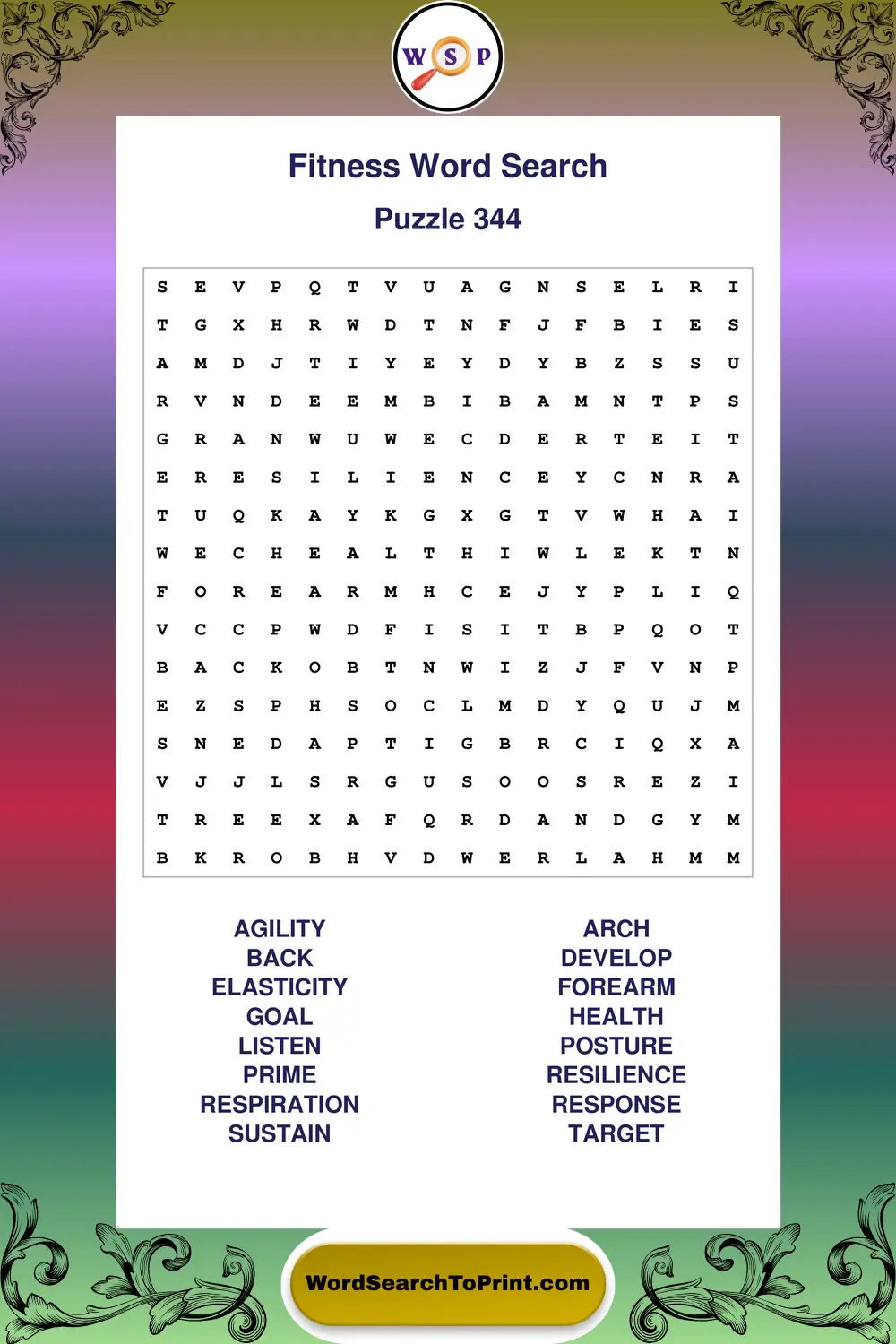 Fitness Word Search Puzzle 344