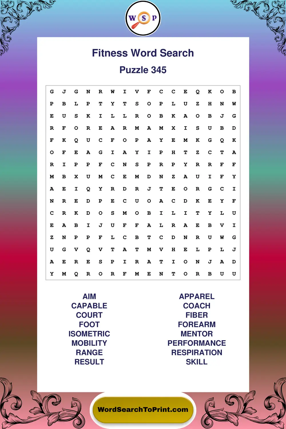 Fitness Word Search Puzzle 345