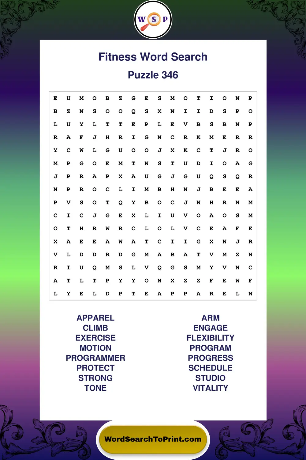 Fitness Word Search Puzzle 346