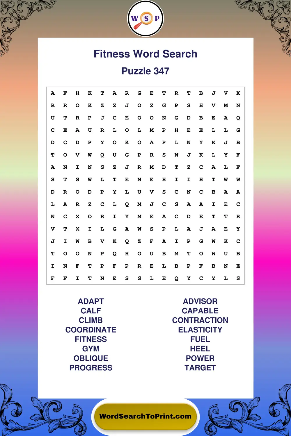 Fitness Word Search Puzzle 347
