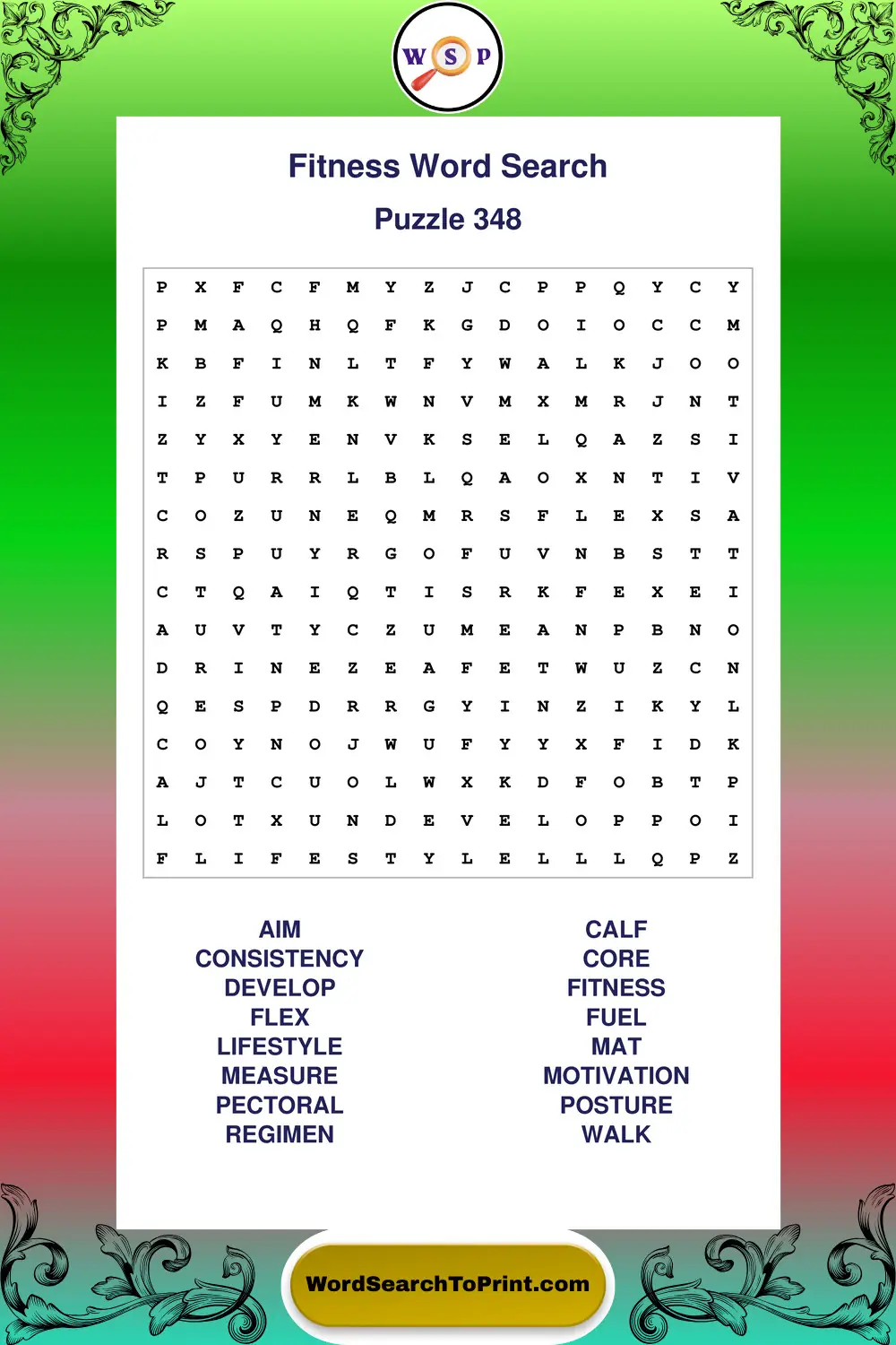 Fitness Word Search Puzzle 348