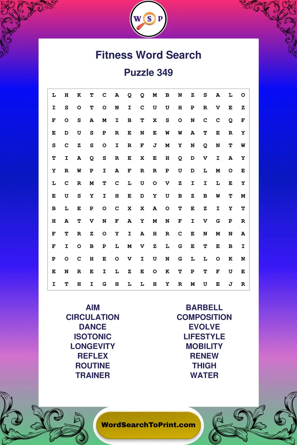 Fitness Word Search Puzzle 349