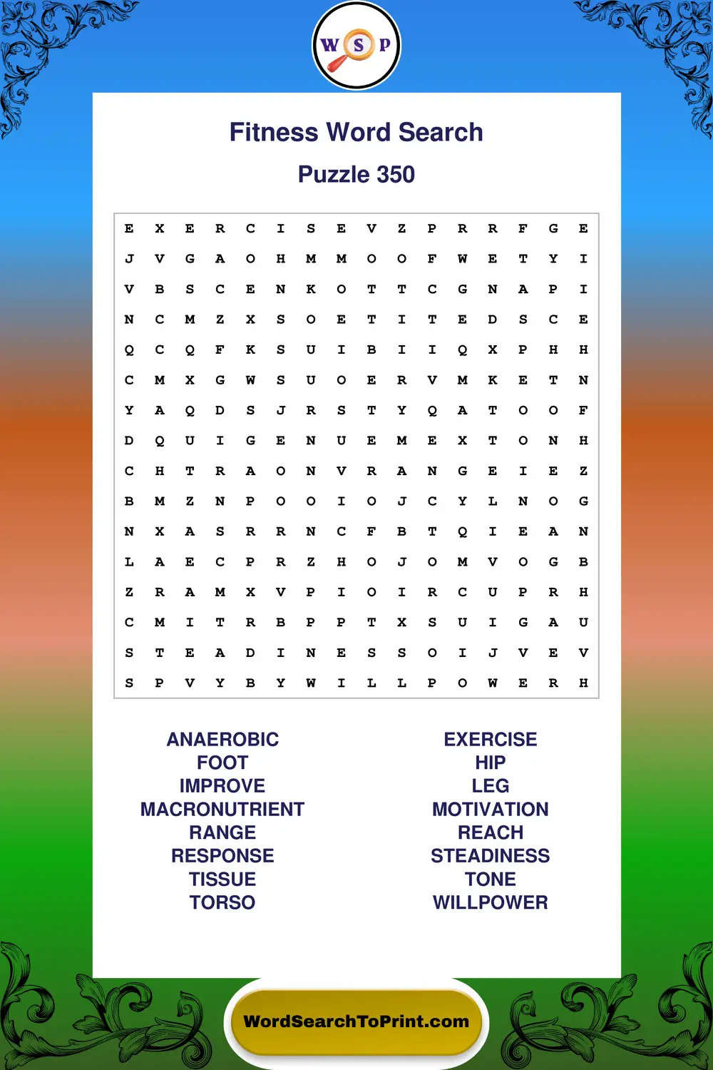 Fitness Word Search Puzzle 350